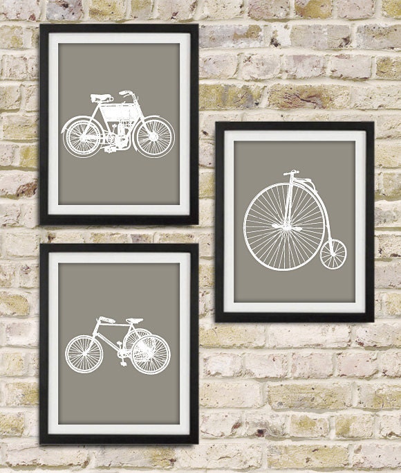Bicycle Vintage Wall Art Print - White and Grey - Home Decor Art Print Set of 3 8x10 Print