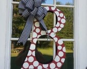 Alabama Letter Initial door decor/Red and White with Houndstooth ribbon