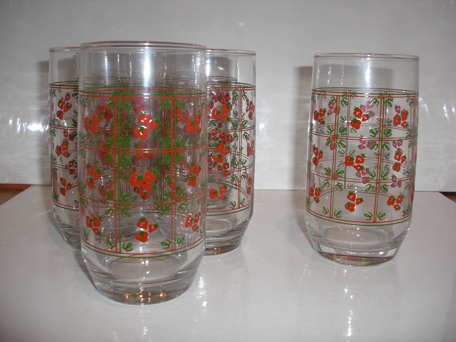 Cute Set of 6 Drinking Glasses with Strawberry Pattern, 5" H with a 2 3/8" diameter top opening