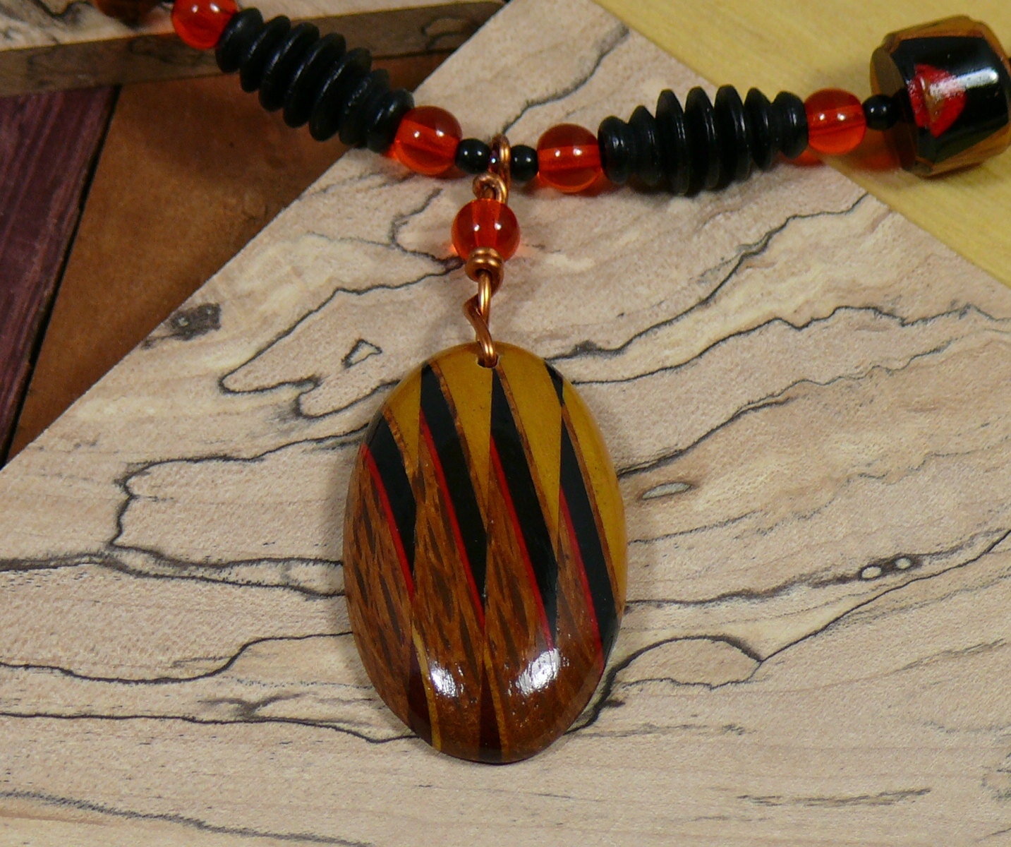 Geometric Necklace 1970s Jewelry Hippie Handmade Exotic Wood Pendant Turned Beads Hammered Copper Wire Tan Leather OOAK
