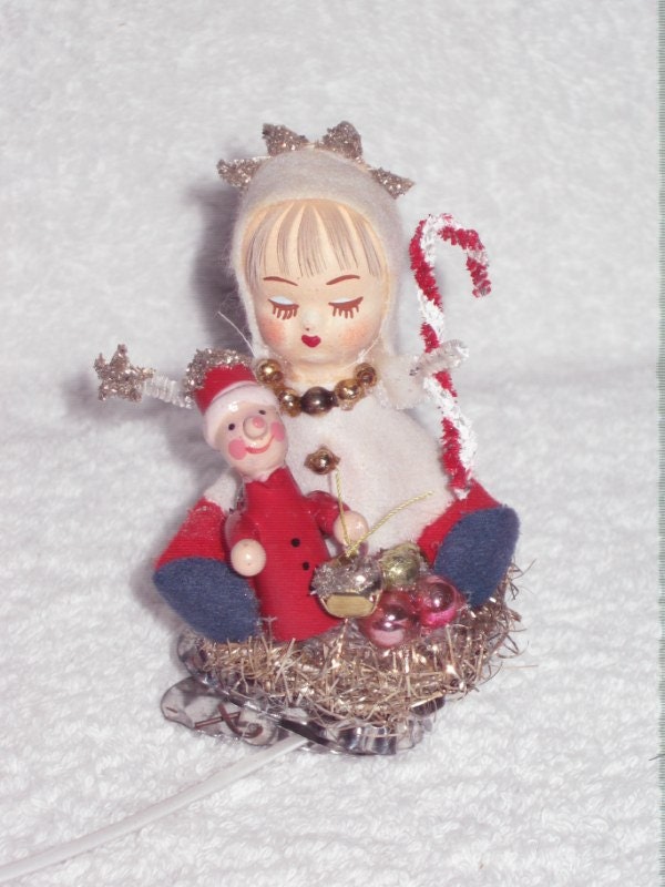 Vintage Pixie Elf chenille Mercury beads Candy Cane German lead Tinsel Candle clip Christmas ornament