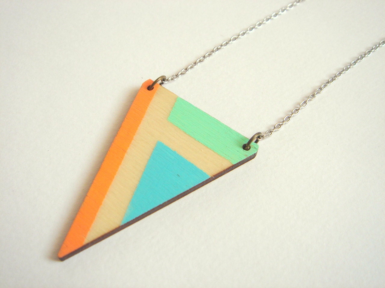 Hand Painted Geometric Necklace, Wood Triangles Necklace,Wood Mint Necklace,Geometric Jewelry