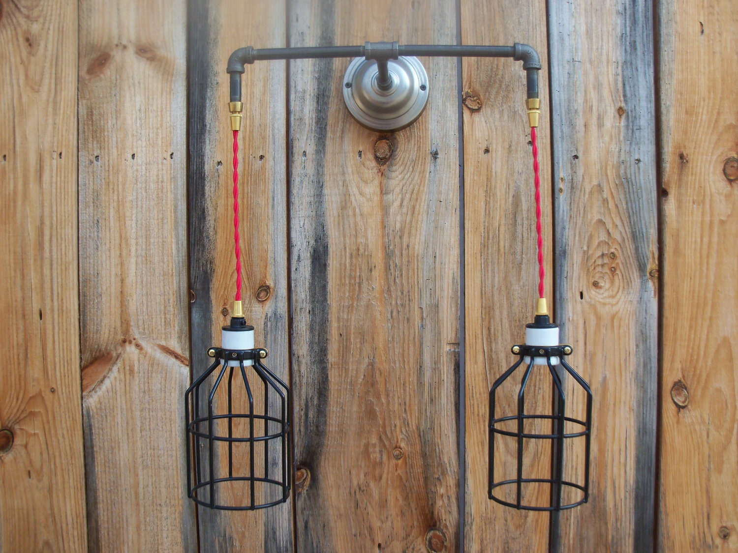 Steampunk pendant or wall sconce 2 lamp iron pipe light fixture