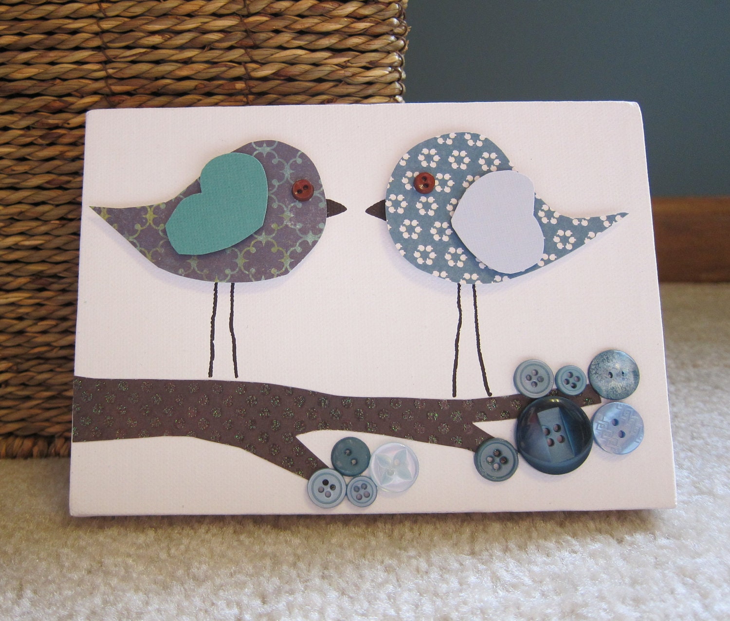 Children's Room Canvas Art, Nursery decor,  5 x 7, birds on branch, cute as a button, blue and brown