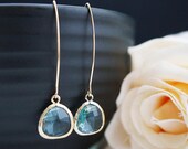Modern Jewelry Modern Earrings Matte gold framed Aquamarine Aqua Glass Drops Earrings . For Her. Gift for Her . Gift Under 20