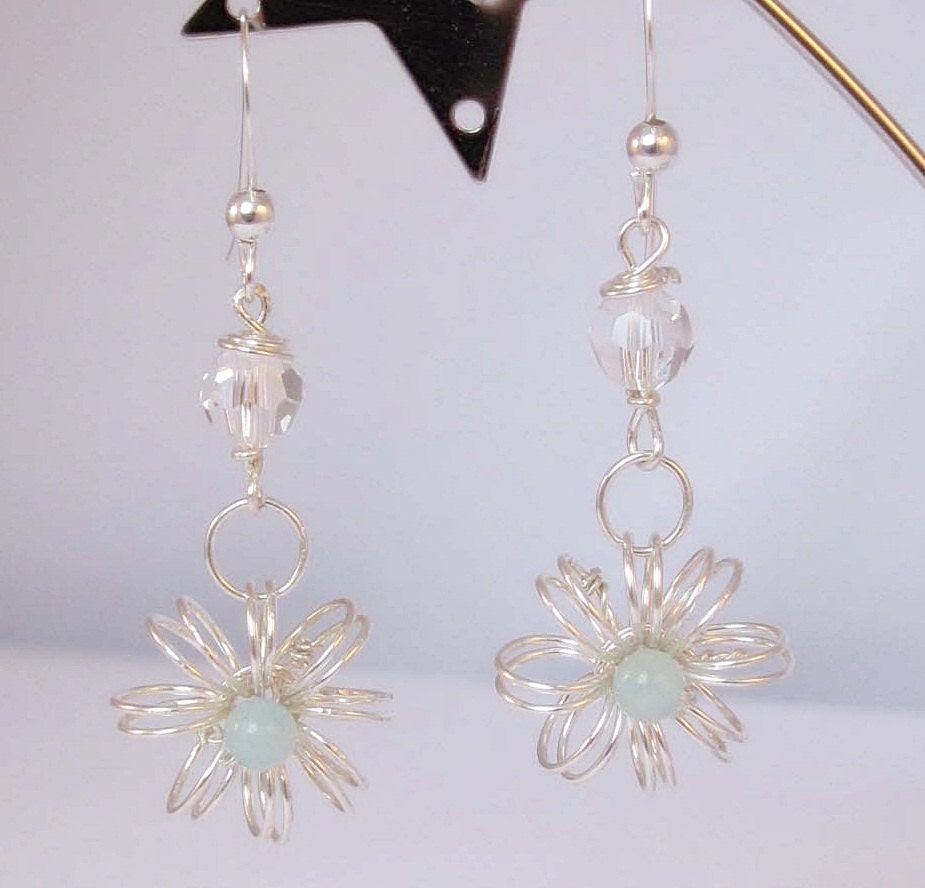 925 Sterling Silver Wire Flower Swarovski Crystal Amazonite Dangle Earrings Handmade Jewelry