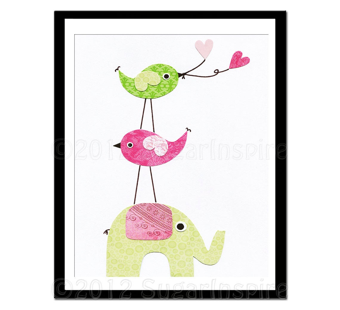 Baby girl nursery Art Print, Kids Room Decor, Baby / Children Wall Art -  love bird, elephant, green and pink