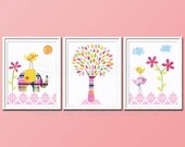 Baby girl pink Nursery Art Print Set, 5x7, Kids Room Decor, Baby/Children Wall Art - Colorful, Birds, Flowers,Orange, Aqua Blue,Pink