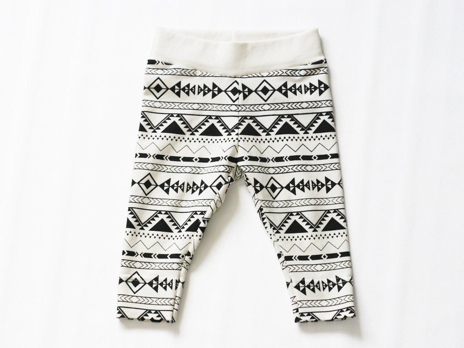 Hand printed organic kids leggings tribal print/ aztec print black/white