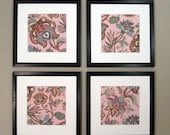 8 x 8 Art Print Set of 4,  Jacobean Textile Design, Rose, with 12 x 12 mats