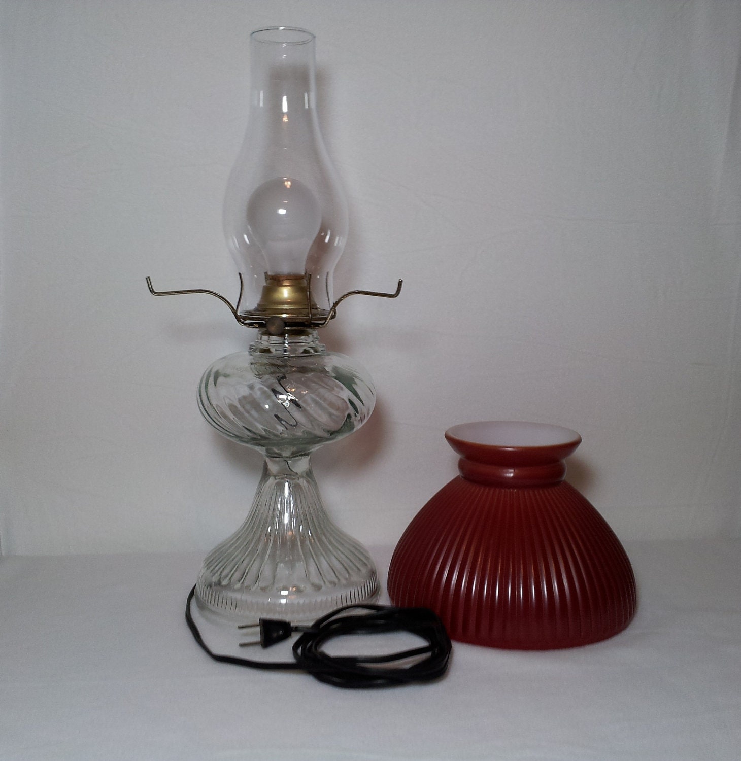 Electrified Oil Lamp with Mauve Glass Shade