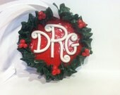 Handmade Polymer Clay Holly Wreath Monogram Ornament