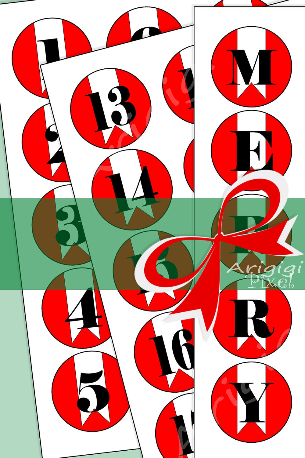 Holiday Advent Calendar tag / labes DIY number and letters Merry Christmas / Graphic Design / red circle with black number over flag