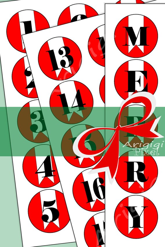 Holiday Advent Calendar tag / labes DIY number and letters Merry Christmas / Graphic Design / red circle with black number over flag Il_570xn