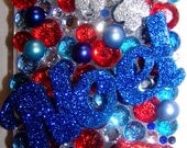 Custom Iphone 4/4s Fun Sparkly Noel withRed & Blue Rhinestones Bling Cell Phone Case  FREE SHIPPING