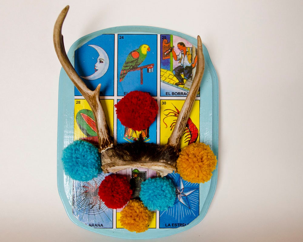Deer Antler Art. OOAK antler sculpture with handmaid pompoms and lotteria cards. Antler Wall Mount.