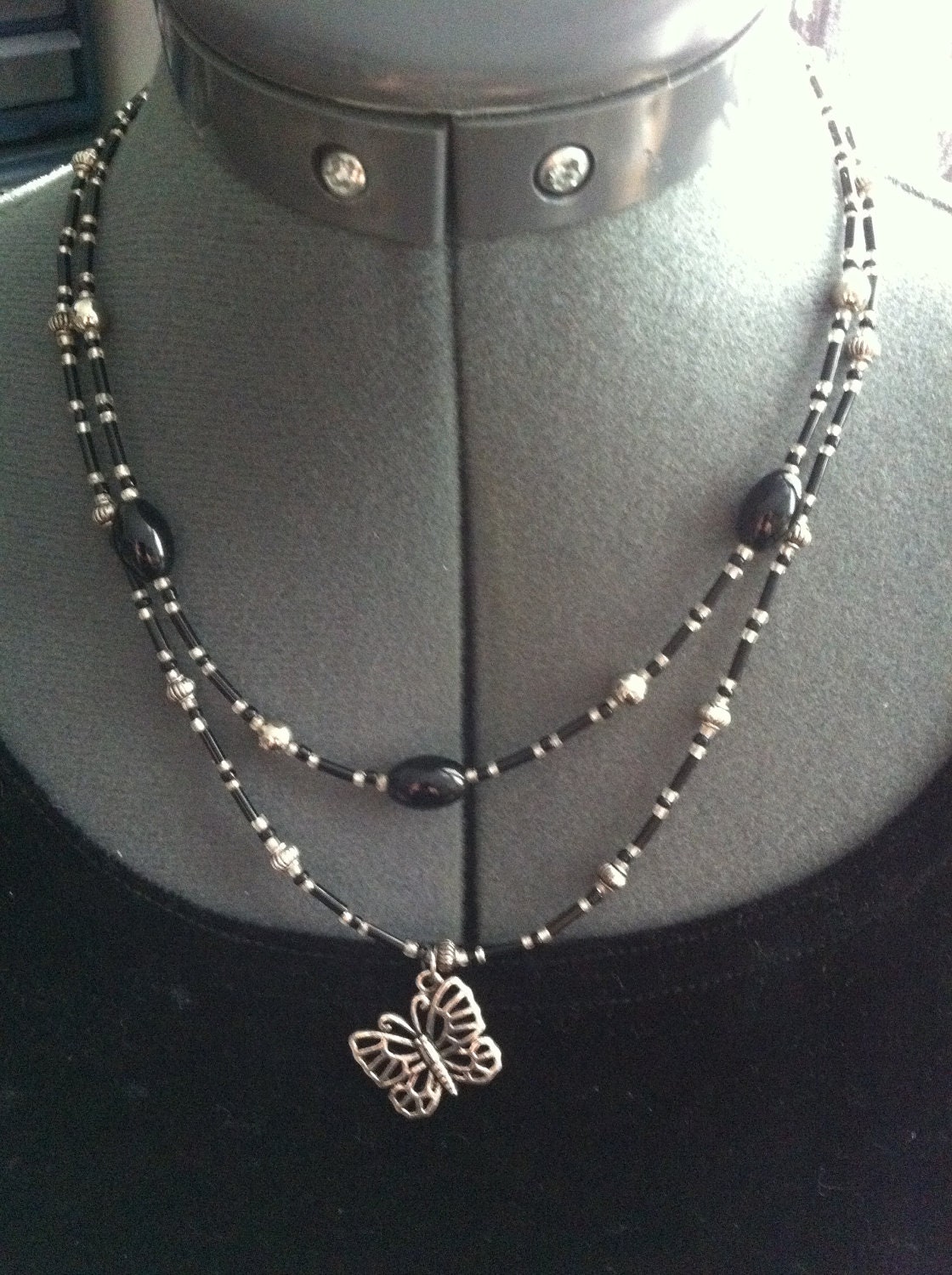 Black & Silver Beaded Necklace With Butterfly Pendant
