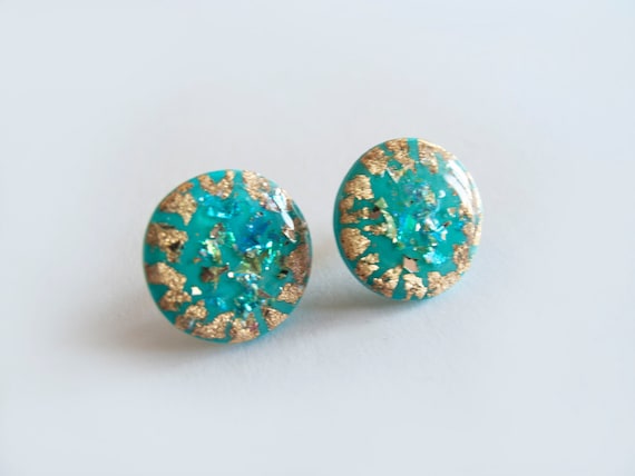 Turquoise Stud Earrings - Polymer Clay and Resin Jewelry