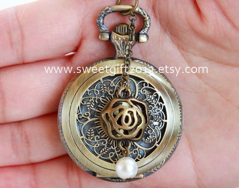 Victorian Golden Dial leaf Locket Pocket Watch Necklace, with rose flower and pearl (Big Size)