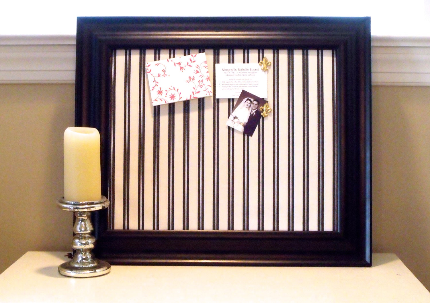 magnet board, framed magnetic bulletin board, large memo board - black and cream, ticking stripe, - includes 3 magnets