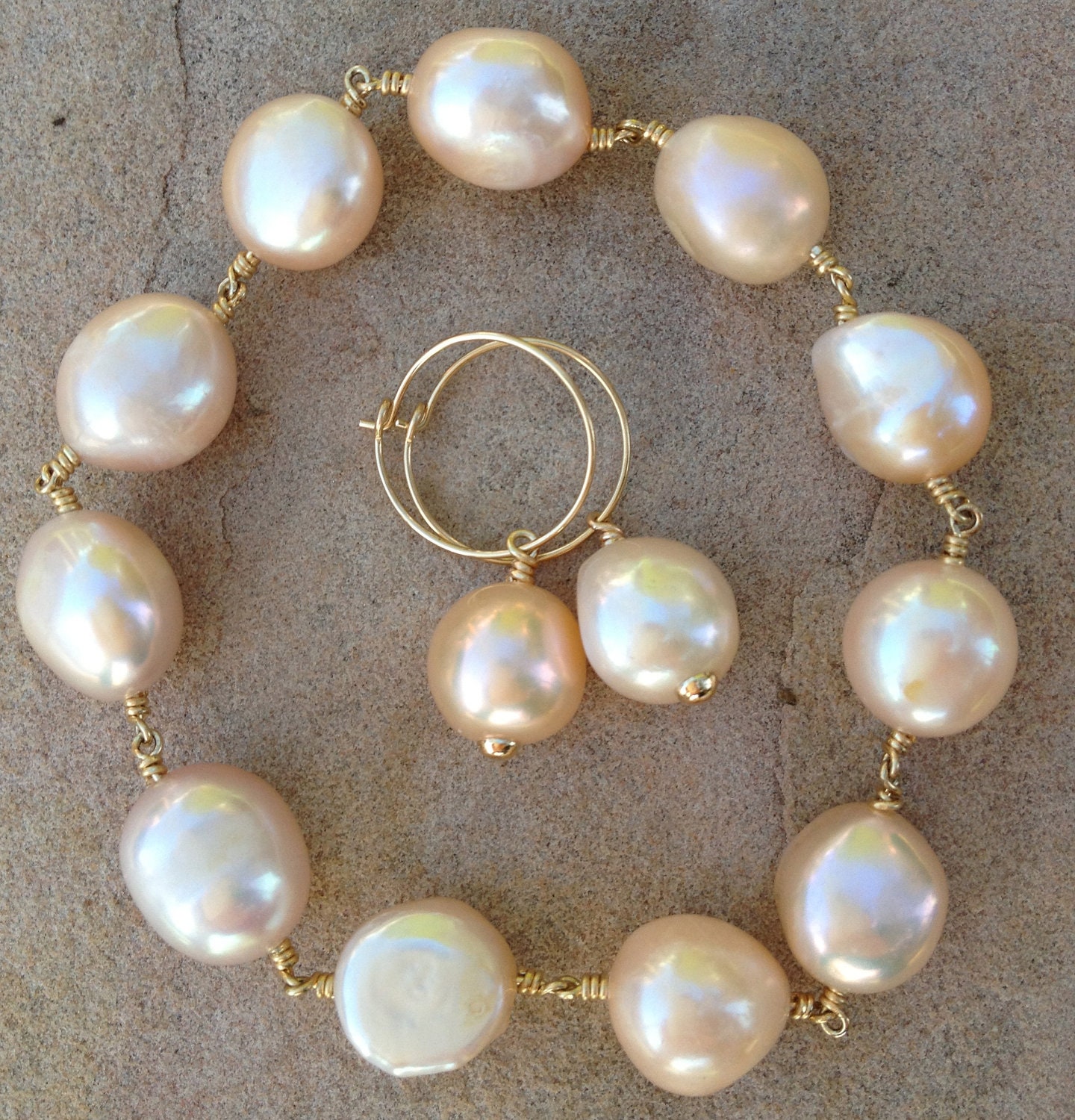 Pink Baroque Pearl Earrings  14K gold filled wire and Hoops  ... (bracelet sold separately)