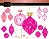 Digital Clipart Fancy Damask Christmas tree ornaments Pink Balls Gold Bows Scrapbooking Elements DIY images Posh Elegant graphics po00002-7