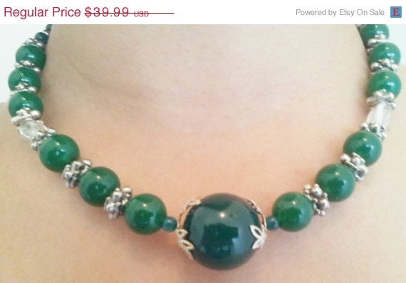 SALE 10% Off Green agate white glass silver bead & quartz necklace jewelry gift