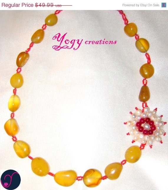SALE 10% Off Yellow agate white pearl purple aventurine pink seed beads chunky flower necklace jewelry gift