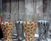 Pilsner Glasses, Handpainted, Zebra and Leopard print, Beer, Bar Glasses