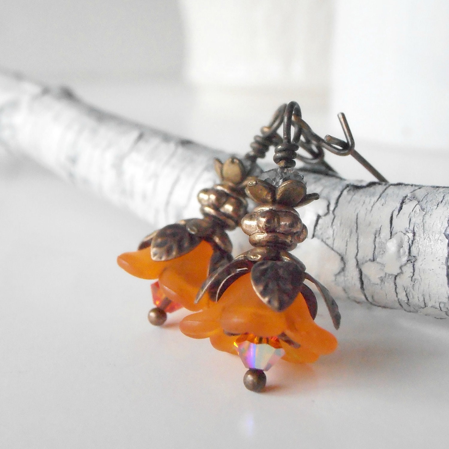 Beaded Earrings Lucite Flower Earrings Orange Earrings Antiqued Bronze Vintage Style Earrings Dangle Earrings Orange Jewelry Handmade