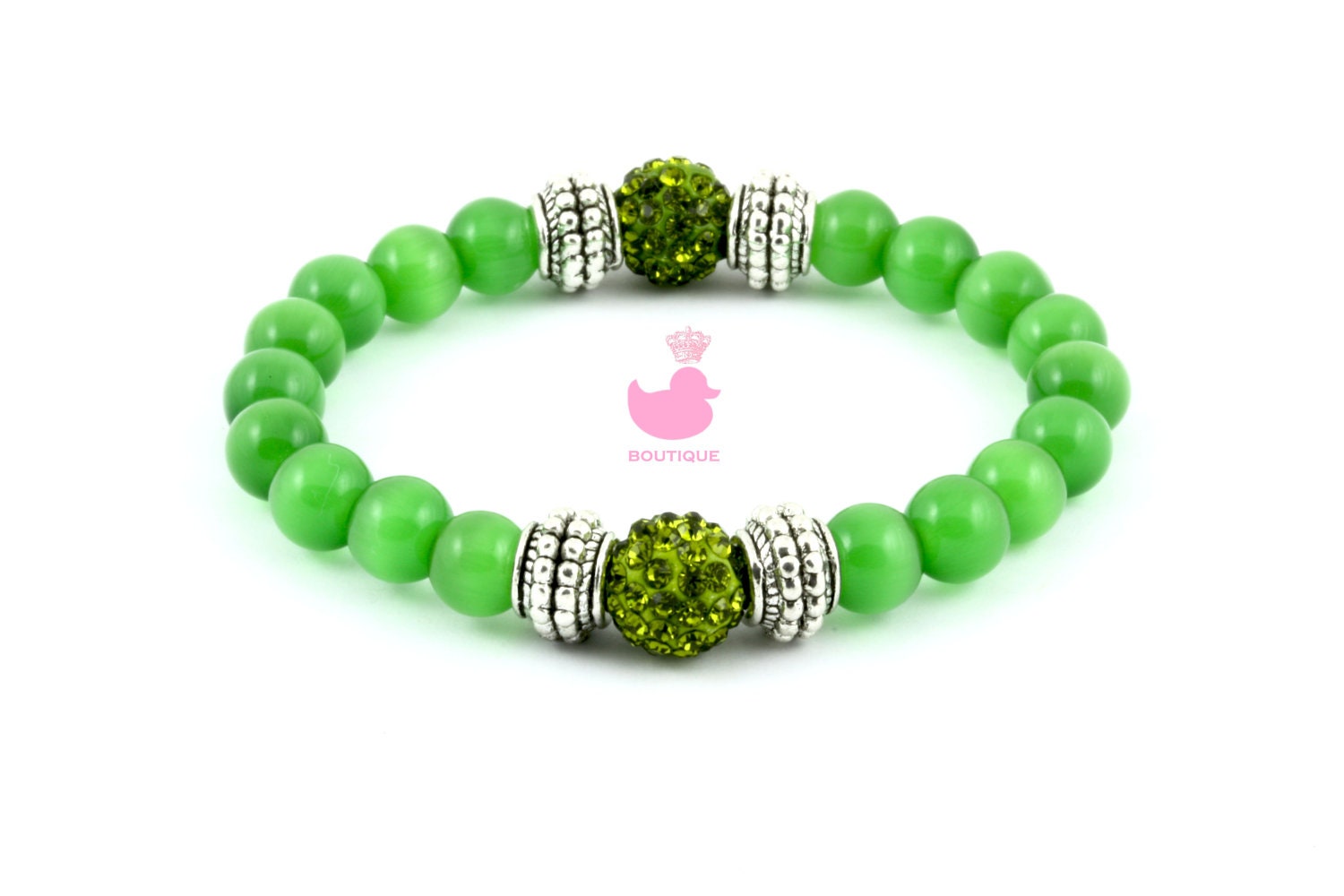 Genuine Green Cat's Eye Gemstone Bracelet  With Silver Beads and Pave Ball Accents FREE DELIVERY All Over The World