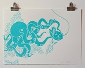 Turquoise Octopus, Screenprint on Fabriano paper, Free P&P