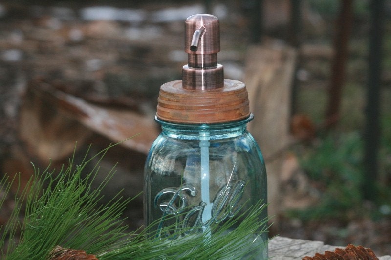 Mason Jar Soap Dispenser with Metal Pump and Narrow Mouth Reproduction Lid Vintage Blue Quart Mason Jar Lotion Bottle Dispenser
