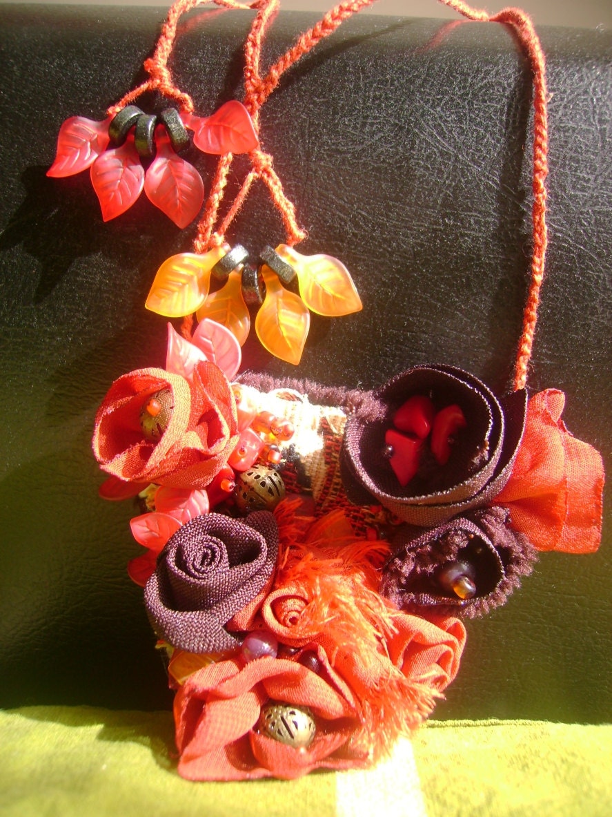 autumn roses - beaded fiber necklace-textile art,wearable art