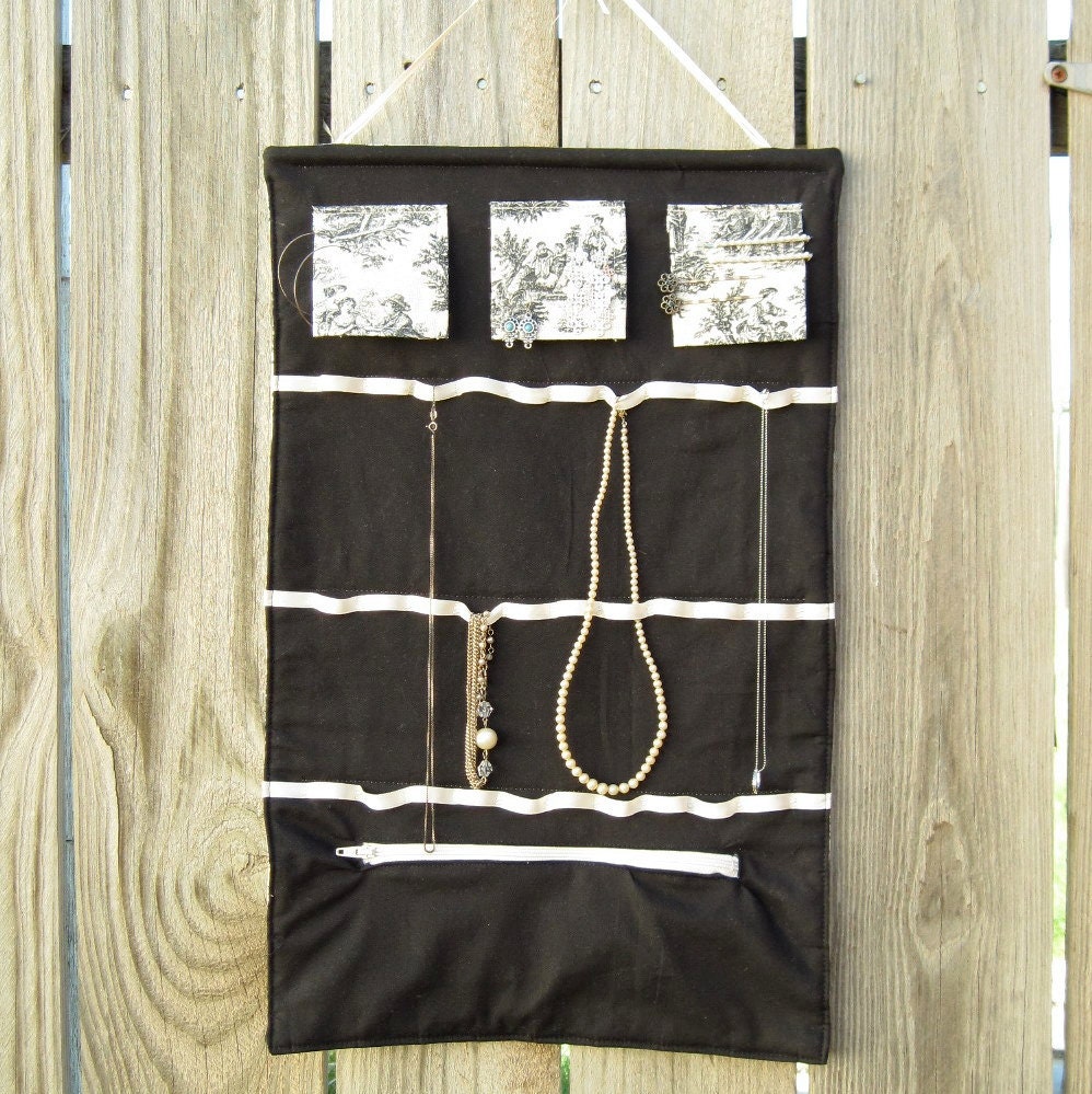Jewelry Organizer for Home and Travel - Jewelry Display - Black Toile Fabric