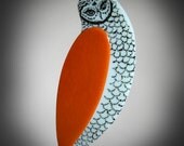 Owl Christmas Ornament - Fused Glass Holiday Gift in Faint Mint Green and Cognac Brown - great stocking stuffer and collectible