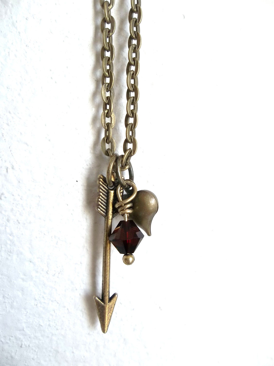 You Have Pierced My Heart with Love - sweet necklace with arrow, heart, and garnet swarovski - READY to SHIP