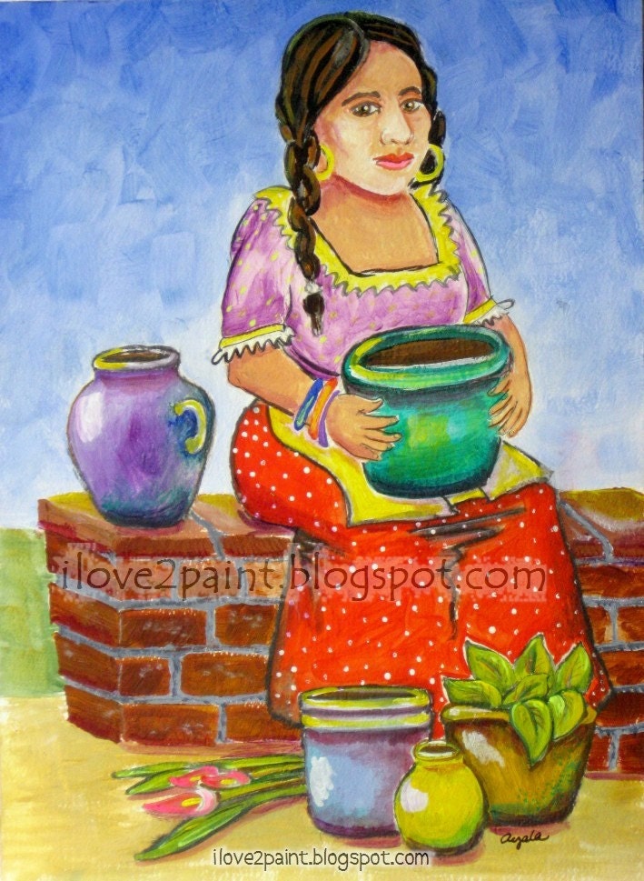 Colorful painting  pottery Woman with Flowers Acrylics Original Art