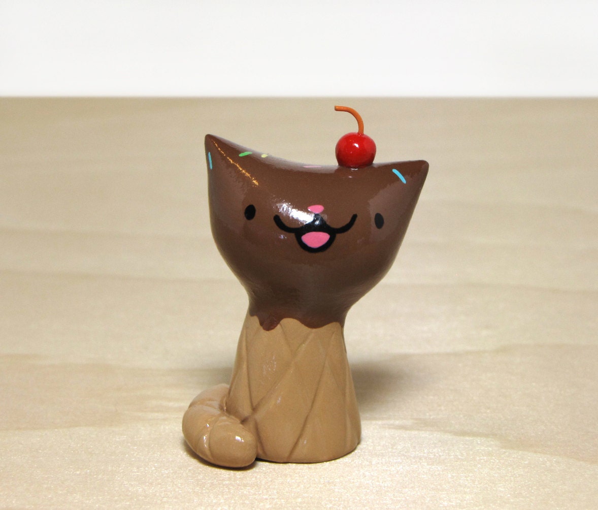 Chocolate Waffle Cone Ice Cream Kitteh Cat Figurine