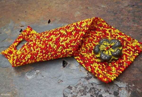 Bead Soup Cuff- Handmade Fire Mix beadwork cuff with stoneware button