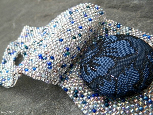 Bead Soup- Crystal with blues, handmade beadwork cuff