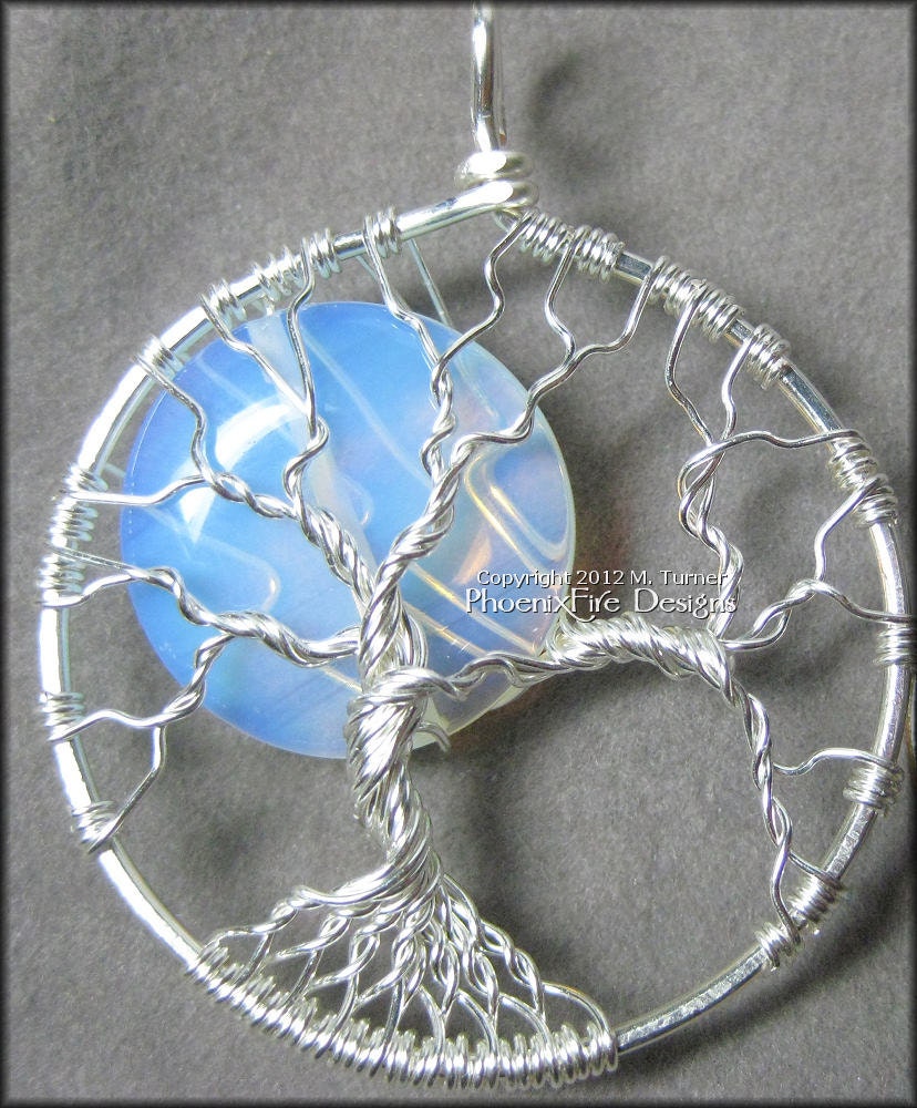 Rainbow Moonstone Full Moon Tree of Life Pendant Sterling Silver Wire Wrapped Opalite (Luna Lunar Night Sky Mystical)