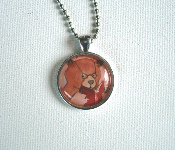 Bear Reading - Round Pendant - All Jewelry Ships for FREE in the USA