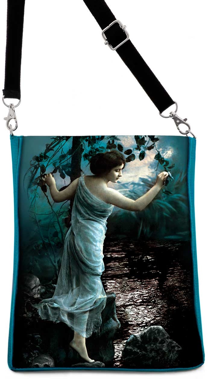 The World, Bohemian Gothic print. Large adjustable shoulder bag. Teal silk mix.