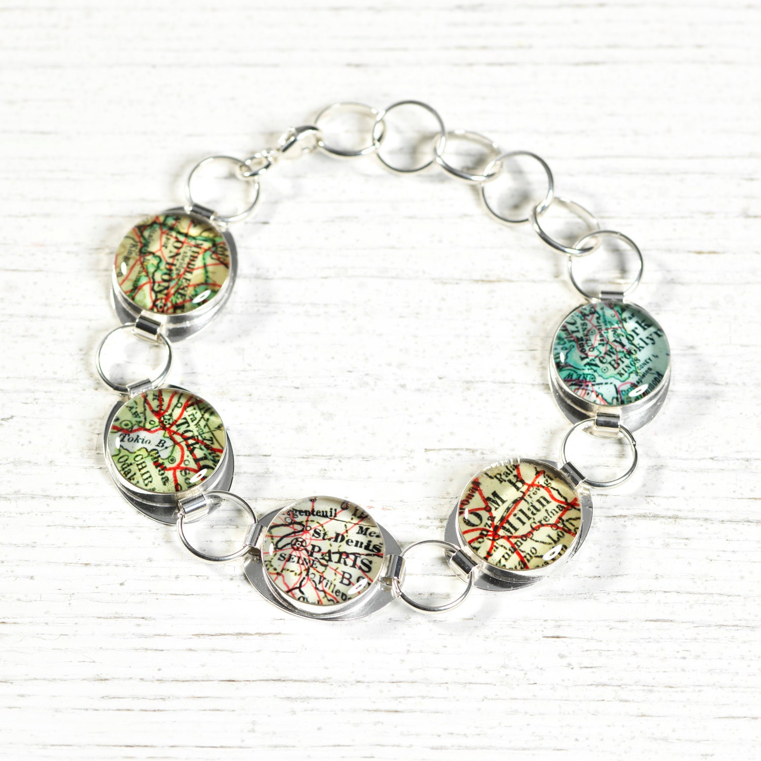 CUSTOM Antique Map Polished Recycled Sterling Silver Bracelet