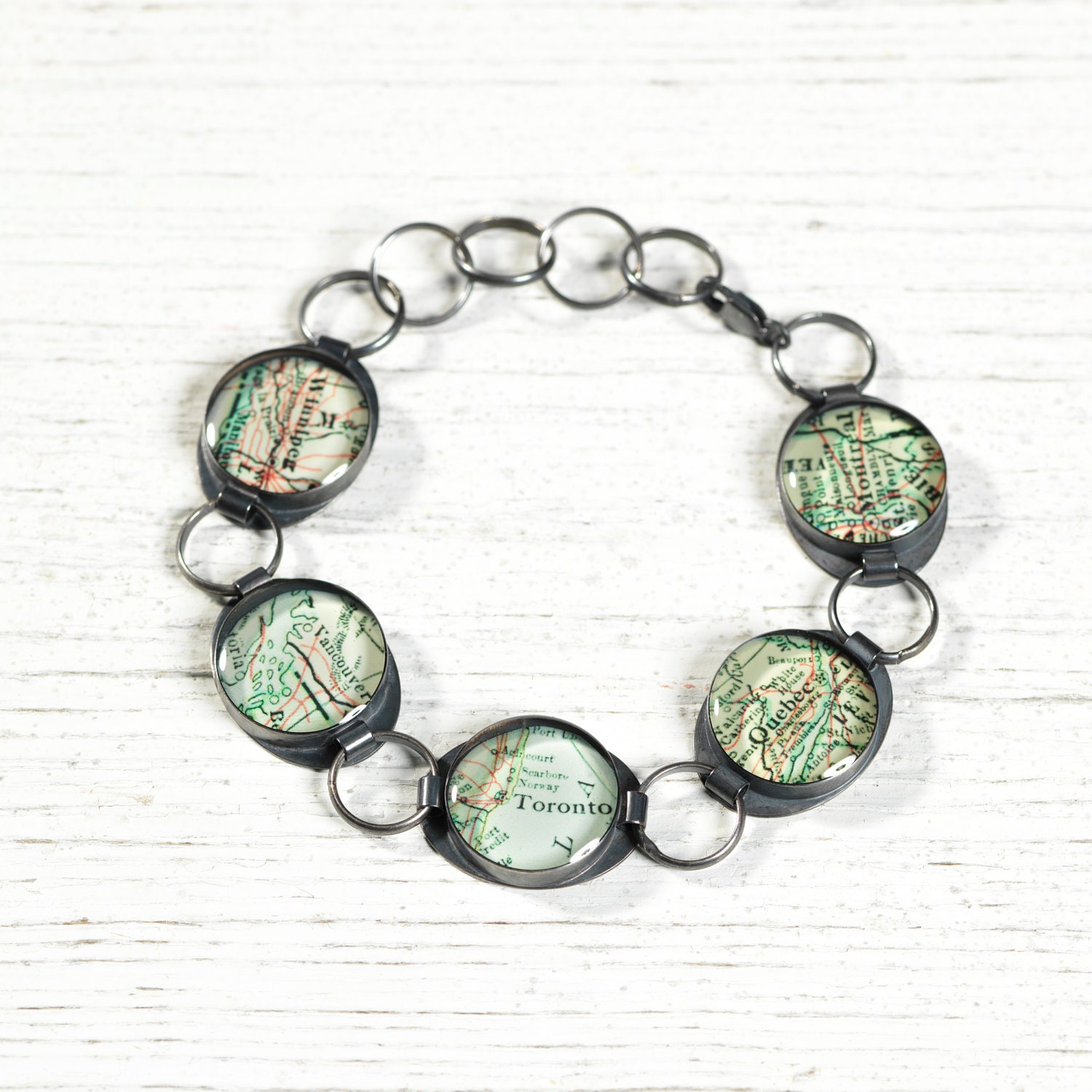 CUSTOM Antique Map Oxidized Recycled Sterling Silver Bracelet