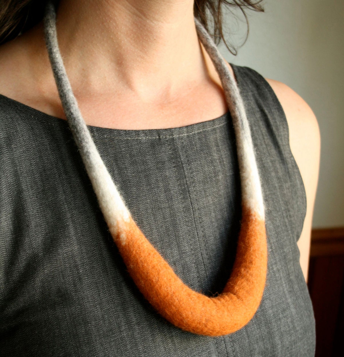 Crescent Necklace - Hand Felted Merino Wool - Burnt Orange, Cream and Grey - Made to Order