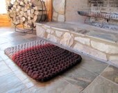 Hand knit extra thick wool felt natural roving dip dyed rug in gray and crimson red