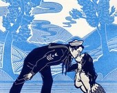 Mermaid Kisses Sailor Linocut Print