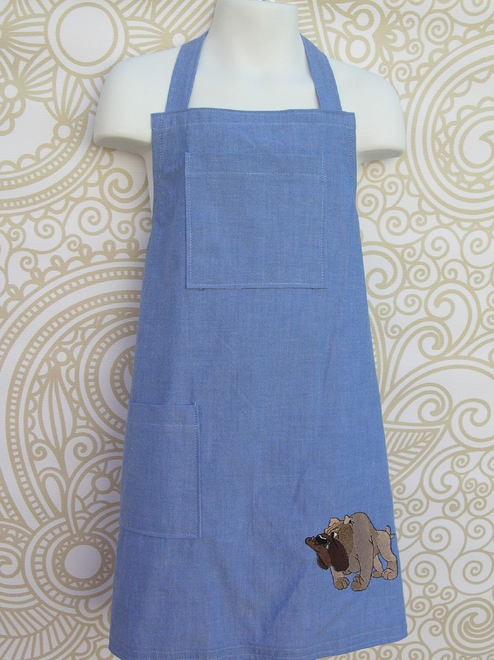 Childs Blue Chambray Apron with Embroidered Bulldog